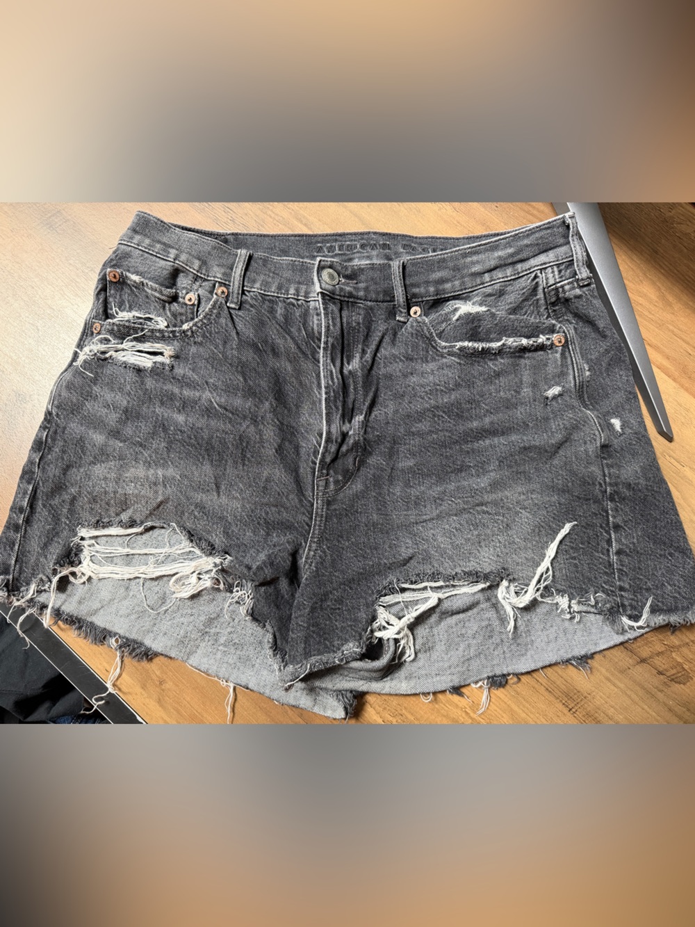 American Eagle Curvy Stretch High-Rise Distressed Black Denim Shorts | Size 12